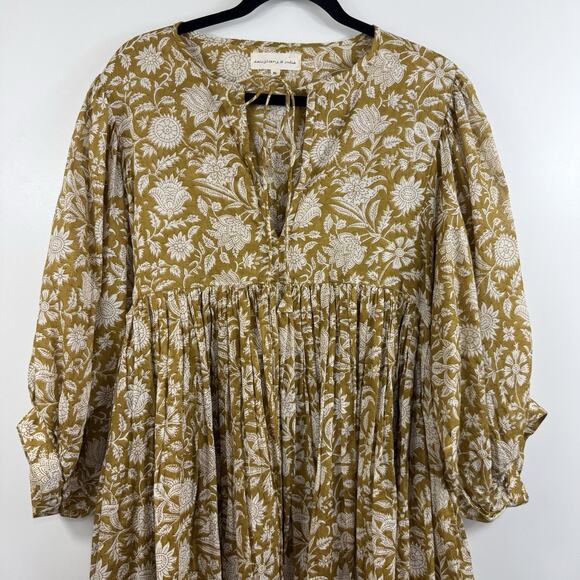 Daughters Of India Kyra Mini Dress XL Olive Floral Balloon Sleeve Boho Indie - Picture 3 of 16